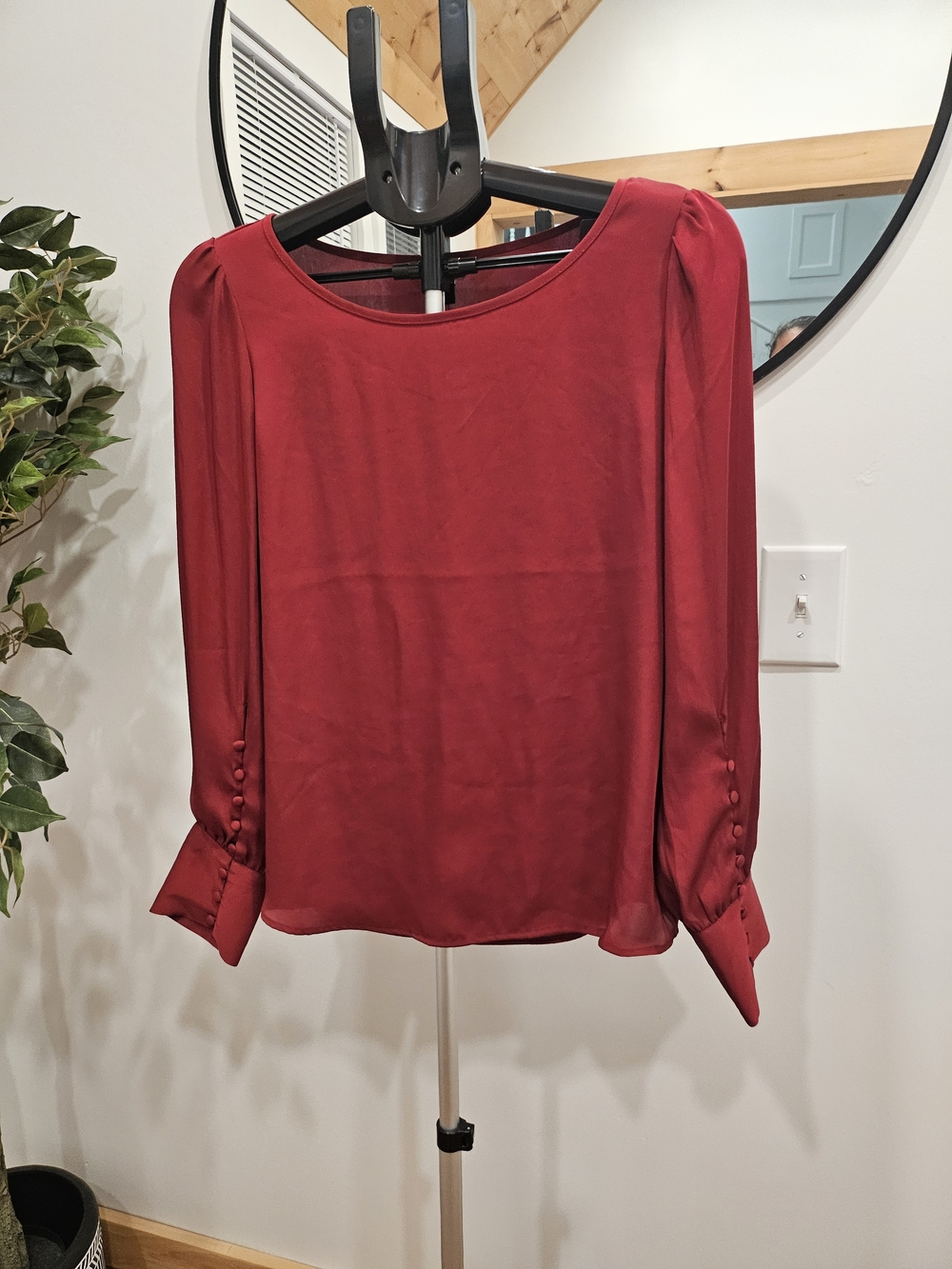 Express Deep Red Long-Sleeve Blouse with Button Cuffs